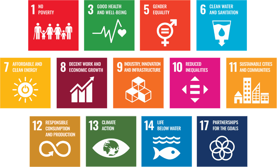 Thirteen United Nations Sustainable Development Goals aligned with the Greenwave project: goals 1, 3, 5 through 14, and 17
